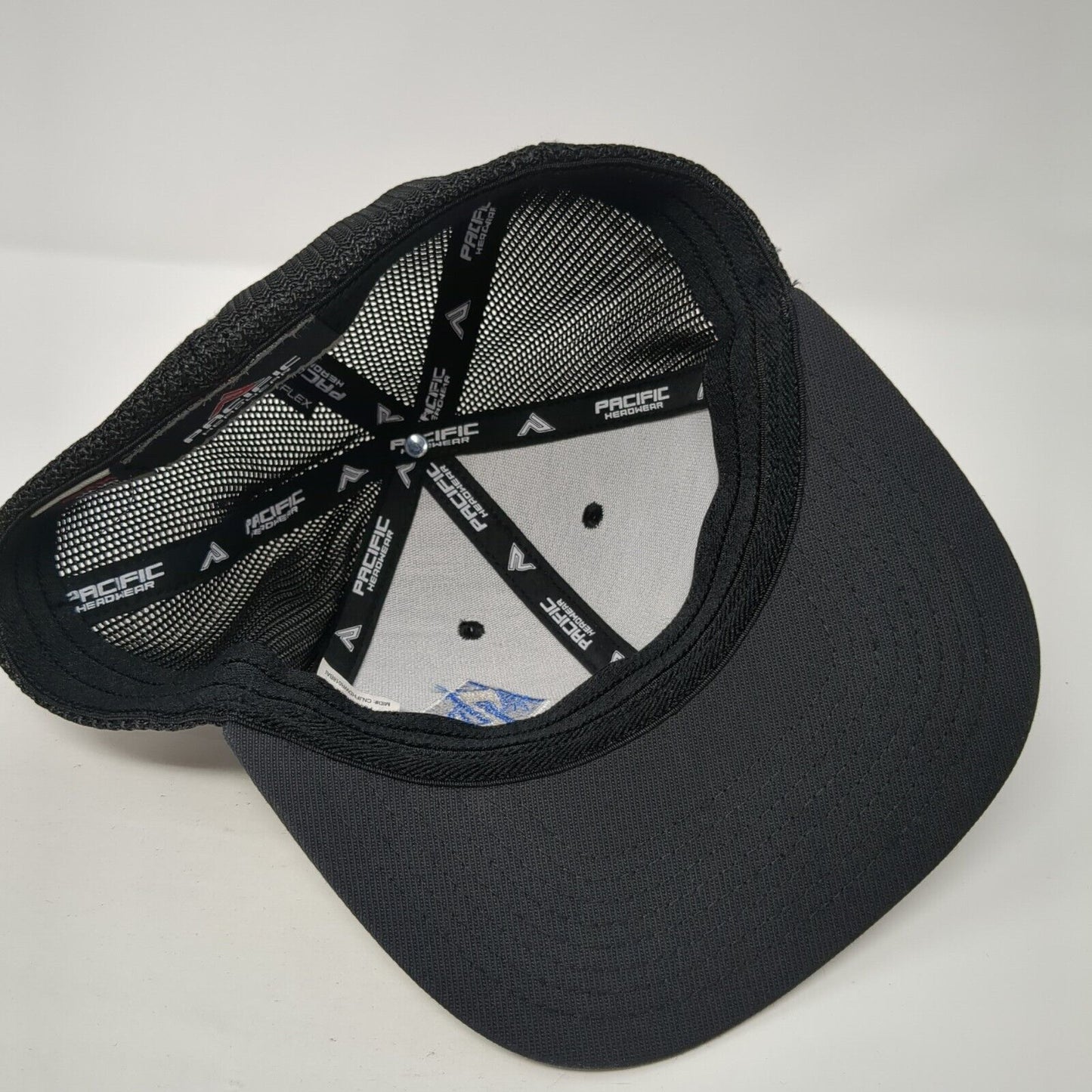 Pacific Headwear Fitted Mesh Back Trucker Hat Black 6 7/8-7 3/8 Logo