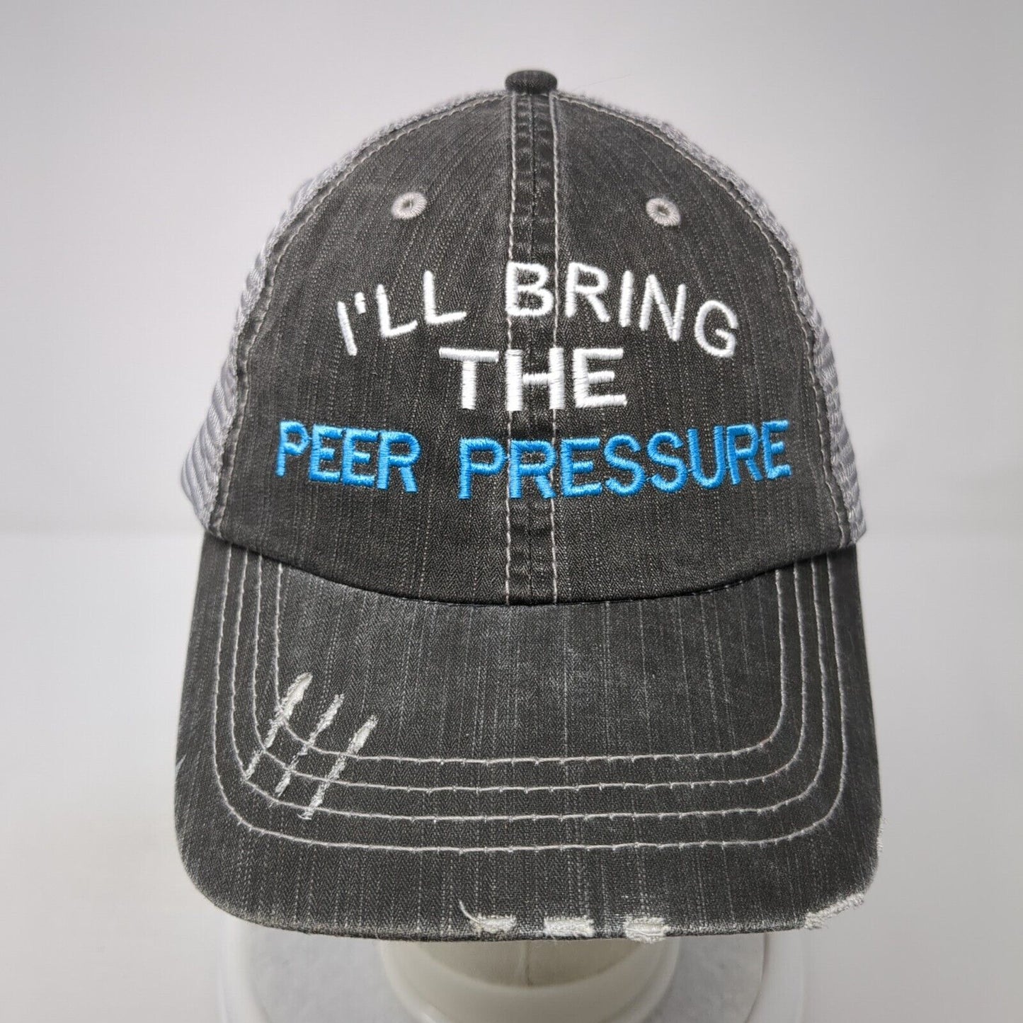 I'll Bring The Peer Pressure Strapback Trucker Hat Gray OS Adjustable Distressed