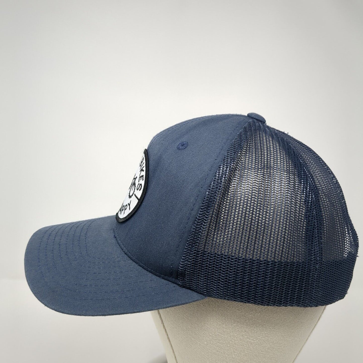 Ride Bikes Be Happy Snapback Trucker Hat Blue OS Adjustable Mesh Back Yupoong