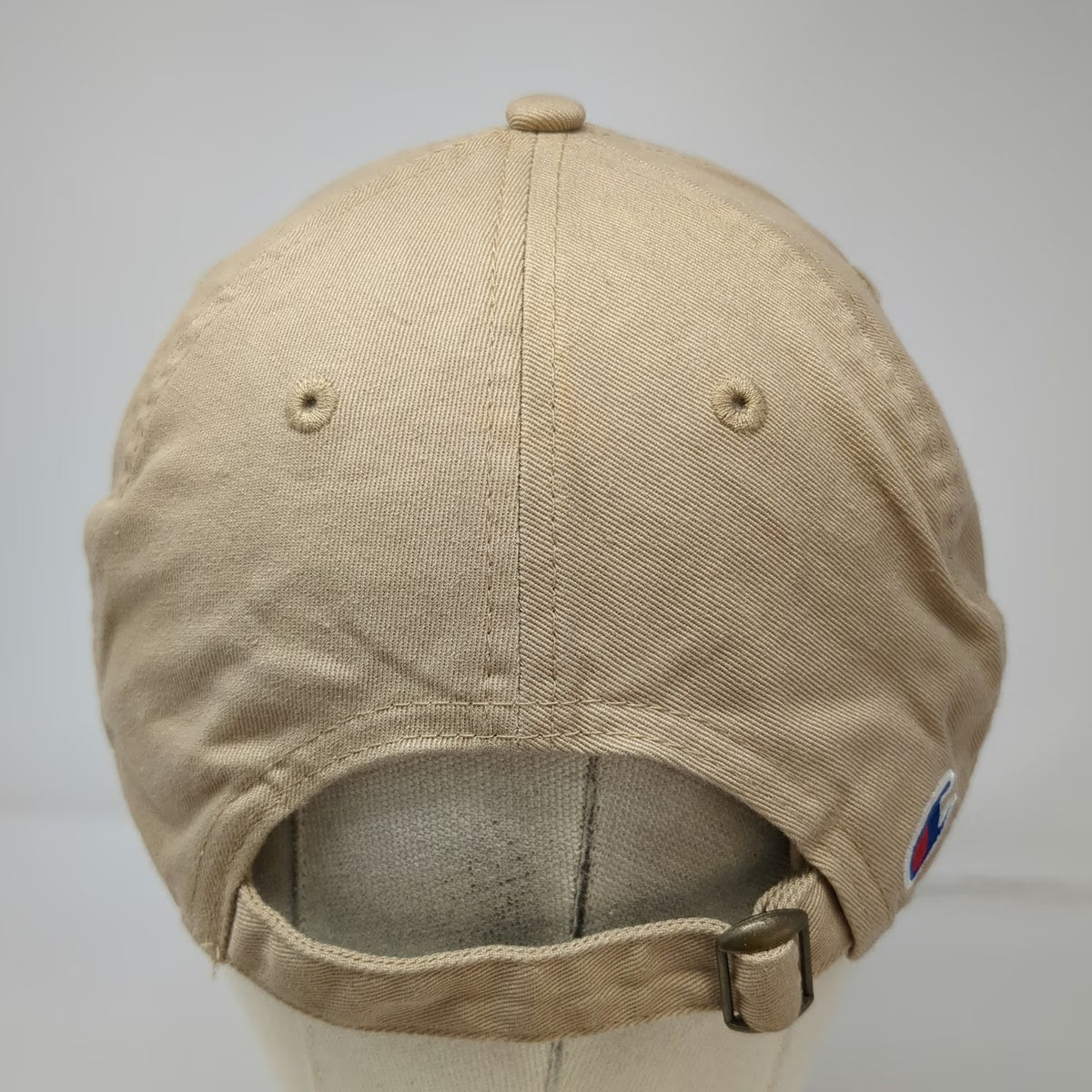 Champion 5 Panel Beige One Size Hat Cotton Slideback Script Logo Embroidered