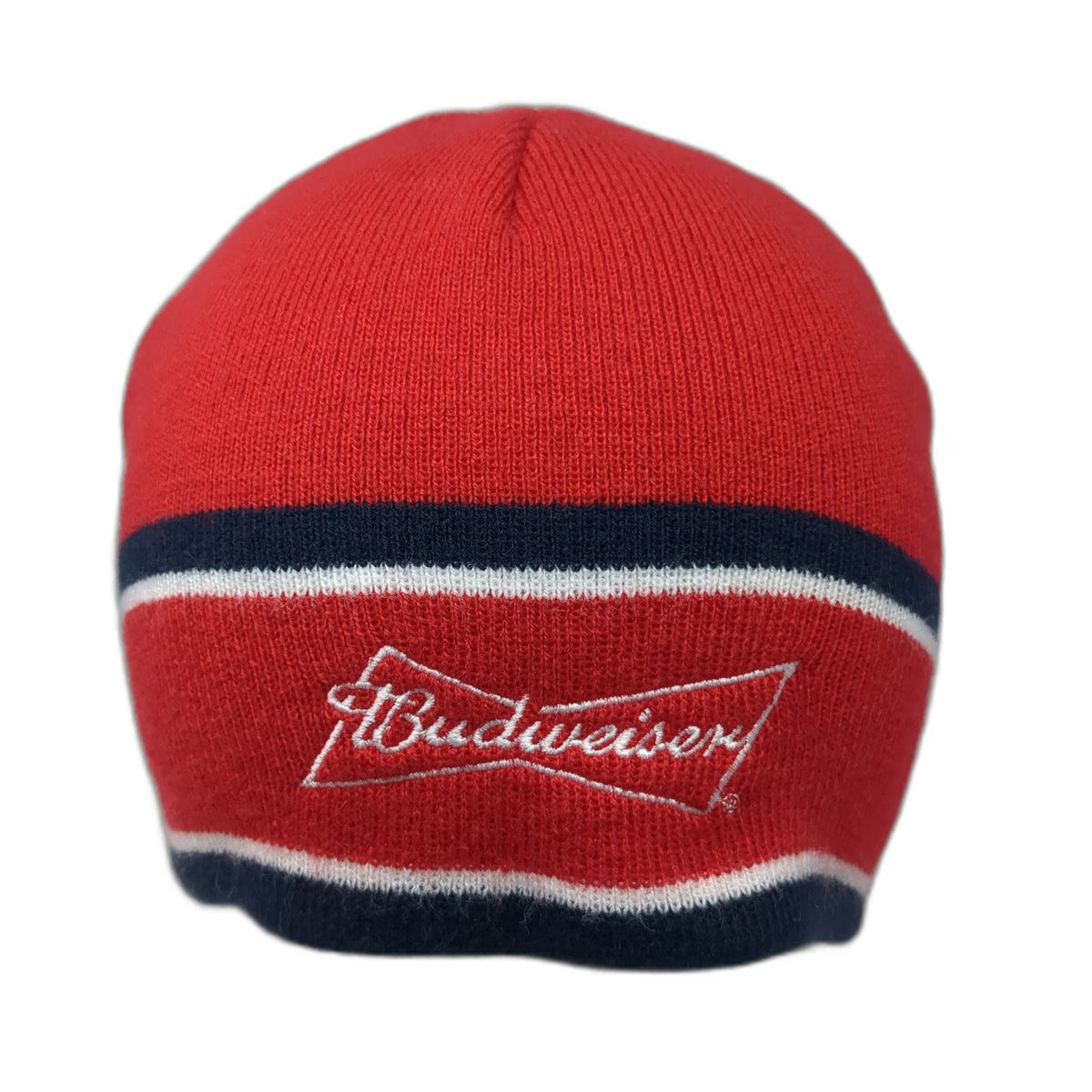 Budweiser Bowtie Logo Red One Size Beanie Hat Blue White Stripes Knit Beer