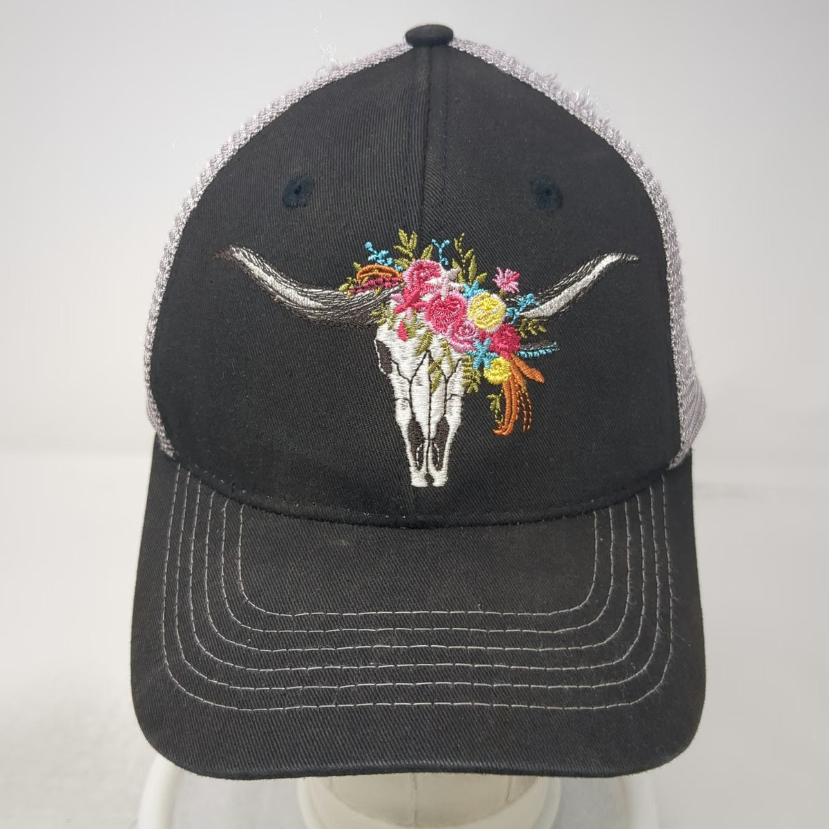 Arcadian Outfitters Trucker Hat Black One Size Floral Bull Skull Mesh Snapback