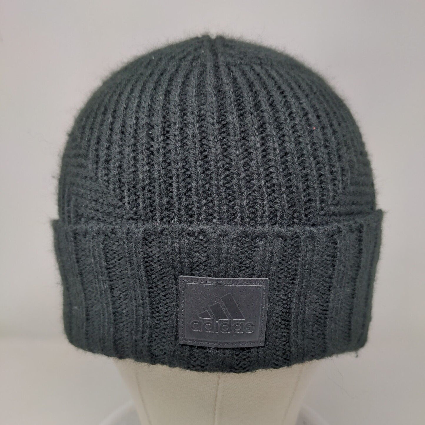 Adidas Leather Patch Ribbed Knit Beanie Hat Black OSFM Solid