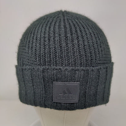 Adidas Leather Patch Ribbed Knit Beanie Hat Black OSFM Solid