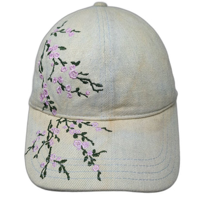 Baseball Cap Blue One Size Floral Cherry Blossom Embroidery Strapback Denim Hat