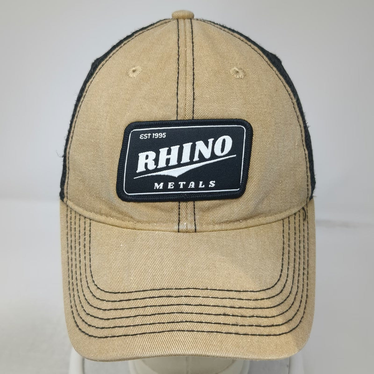 Legacy Trucker Hat Beige Black One Size Rhino Metals Patch Mesh Back Snapback