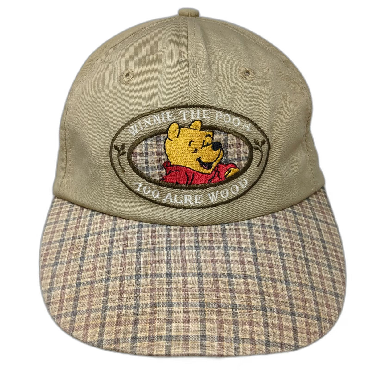 Pooh Baseball Cap Beige One Size Plaid Brim Winnie 100 Acre Wood Embroidery Hat