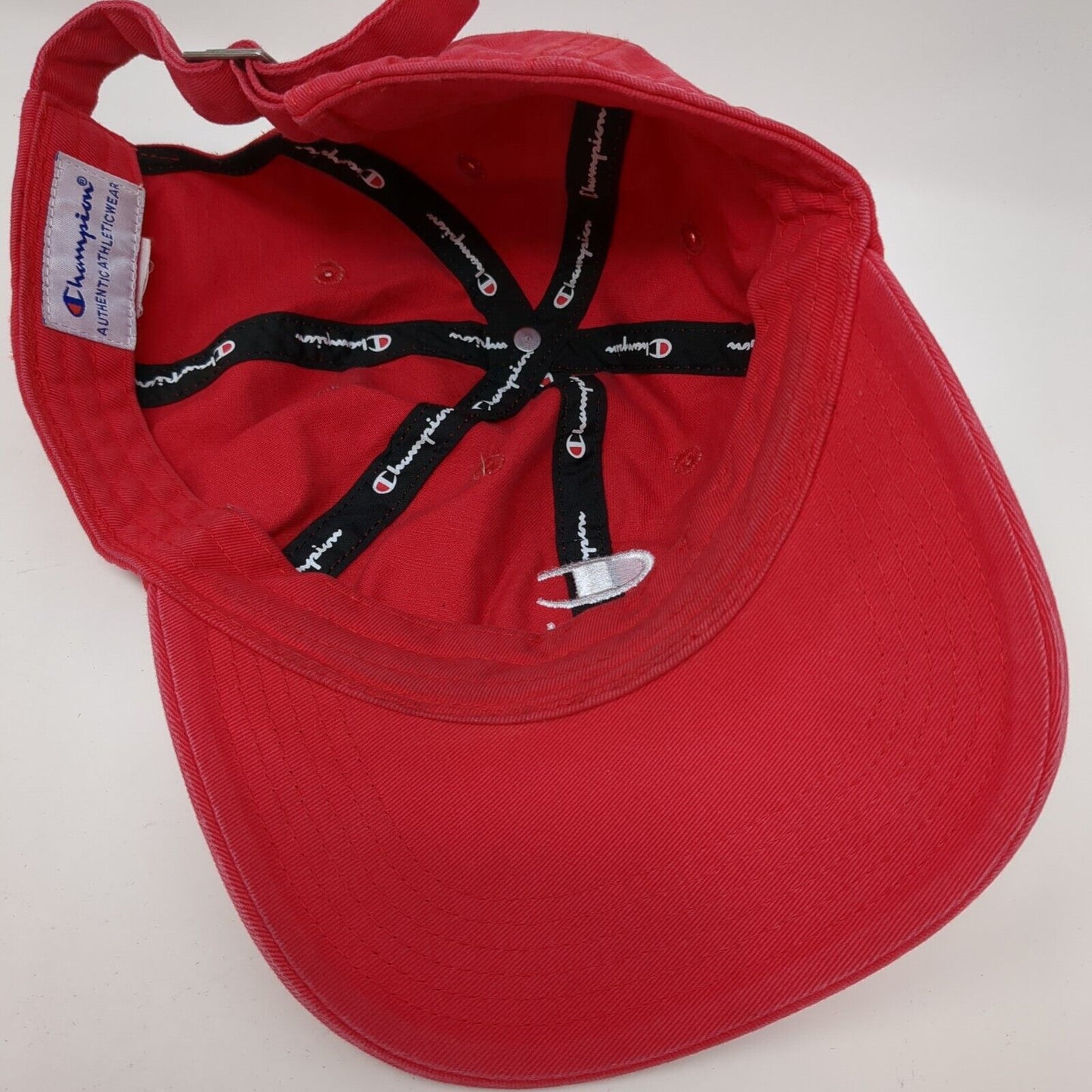 Champion Slideback Hat Red One Size Adjustable Embroidered Vented Holes 6 Panel