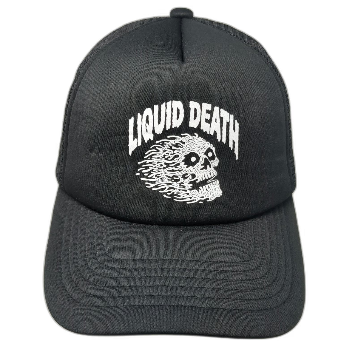 Liquid Death Trucker Hat Black One Size Flaming Skull Graphic Mesh Back Snapback