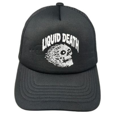 Liquid Death Trucker Hat Black One Size Flaming Skull Graphic Mesh Back Snapback