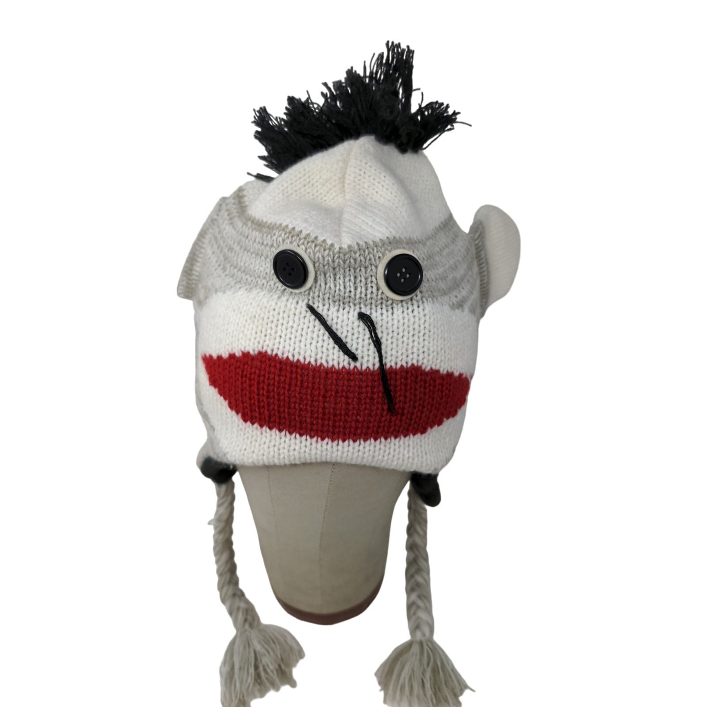 Sock Monkey Knit Beanie Hat Cap Button Eyes 100% Acrylic Gray White