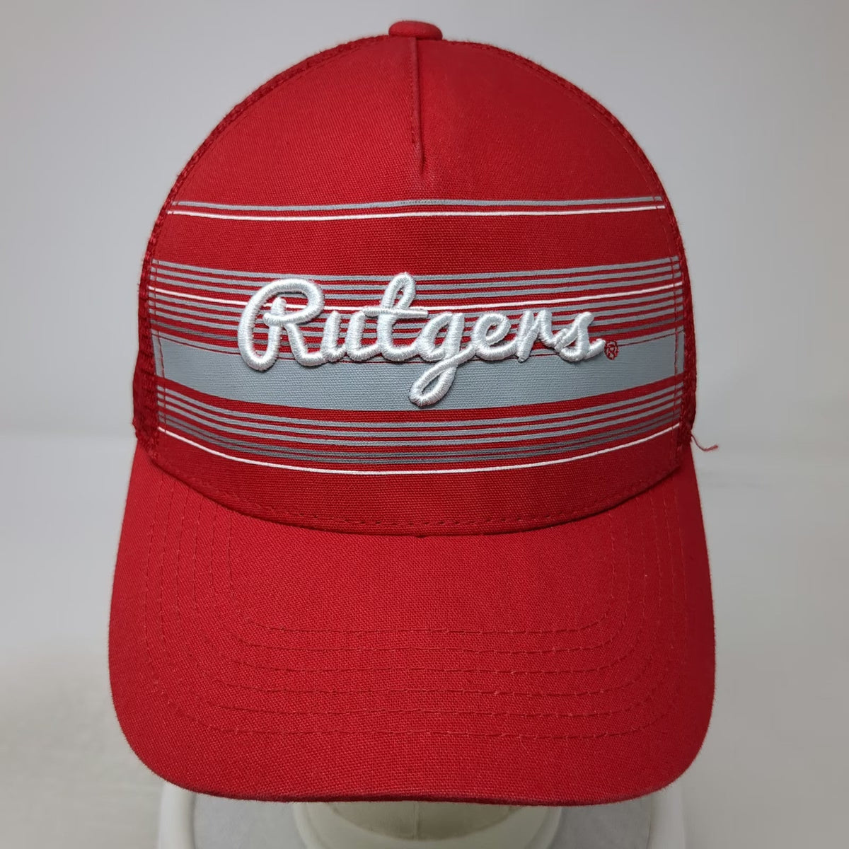 Top of the World Trucker Hat Red Gray White OSFM Rutgers Script Mesh Snapback