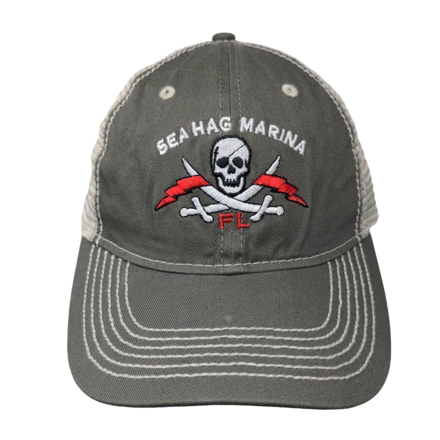 Sea Hag Marina FL Skull Trucker Hat Gray OSFA Adjustable Mesh Back 6 Panel