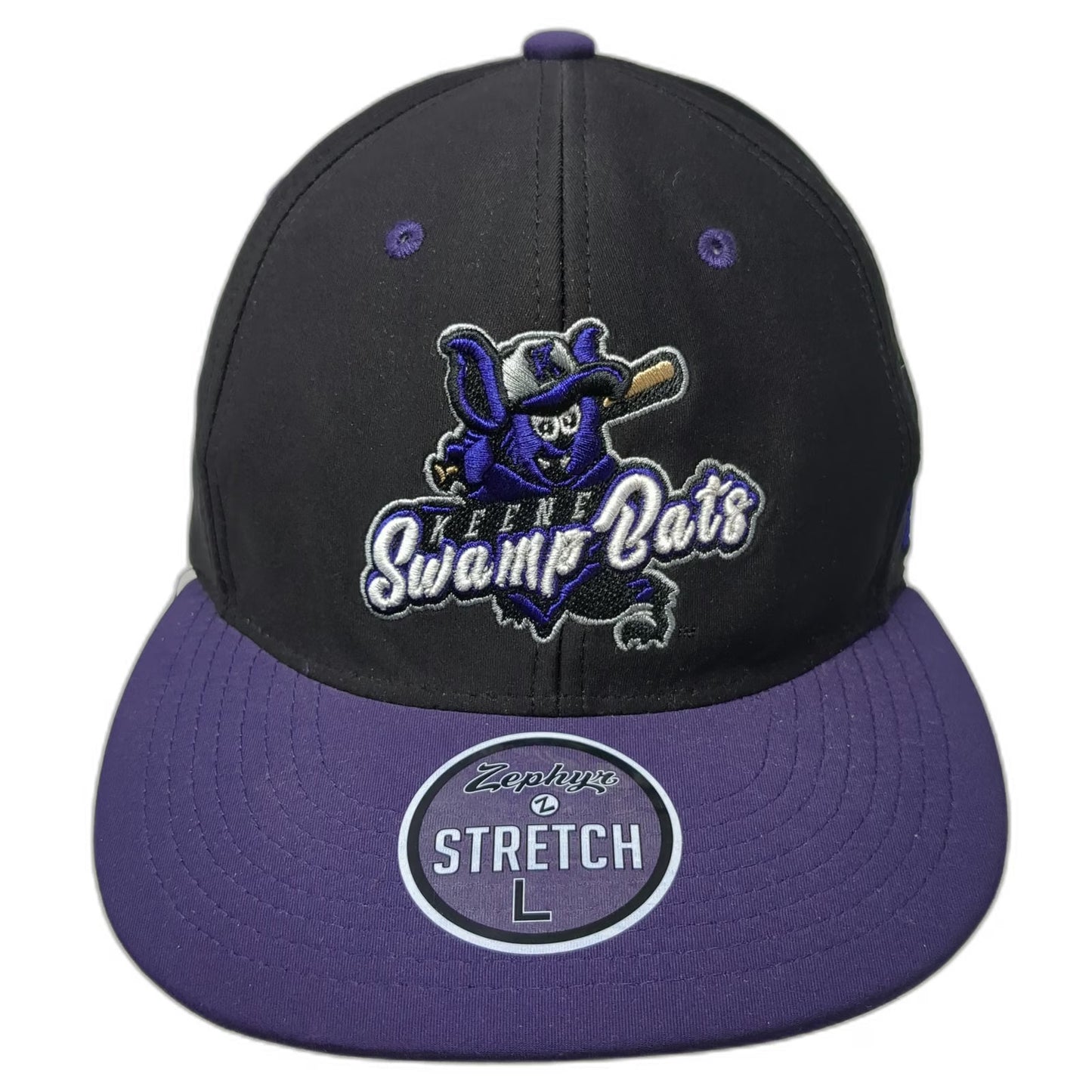 Zephyr Baseball Cap Black Purple L Keene Swamp Bats NECBL Stretch Fit Mascot Hat