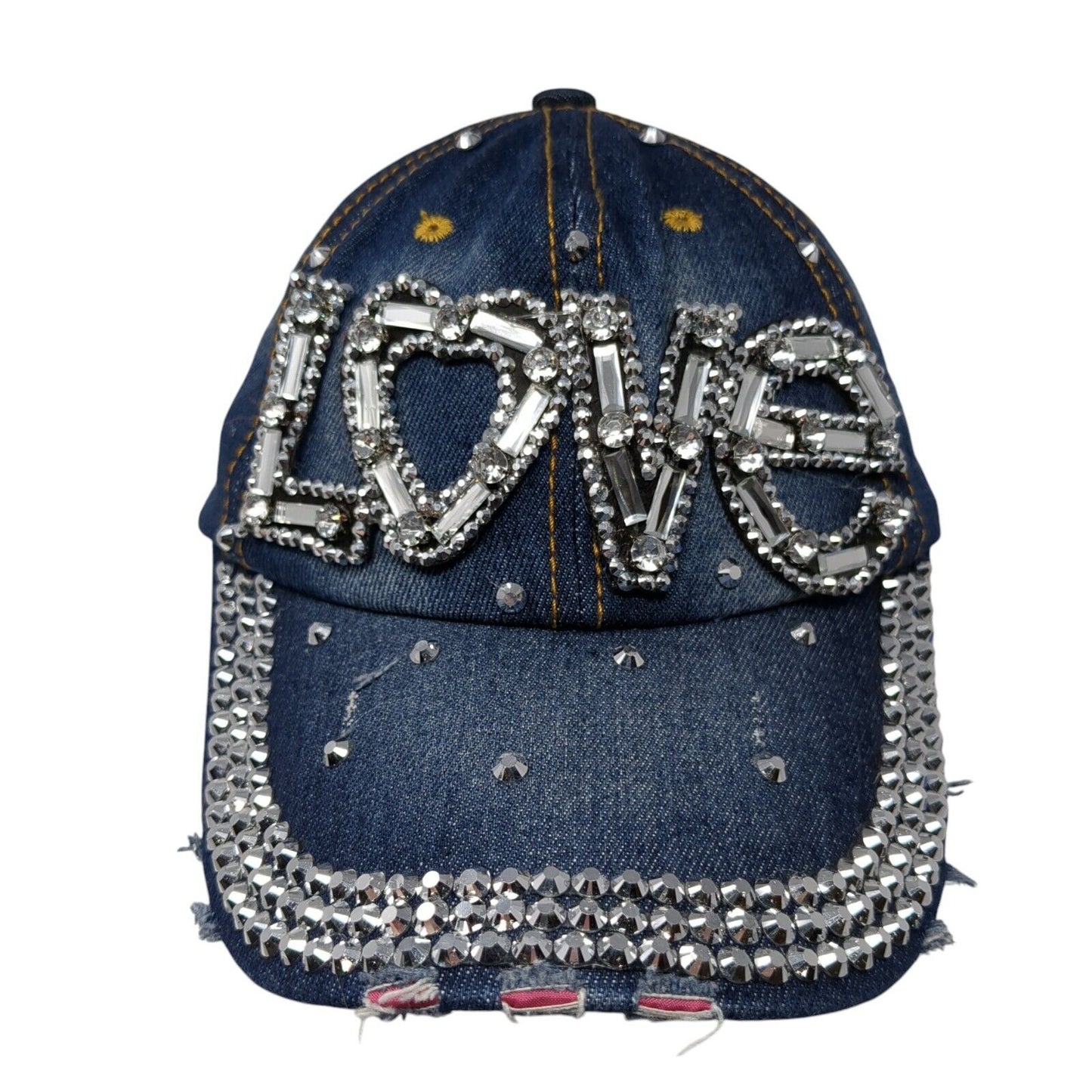LOVE Studded Slideback Hat Blue One Size Adjustable Denim Distressed Rhinestone