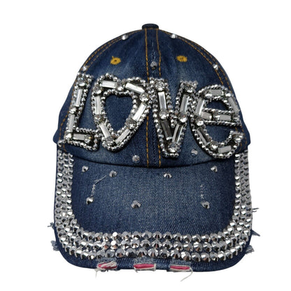 LOVE Studded Slideback Hat Blue One Size Adjustable Denim Distressed Rhinestone