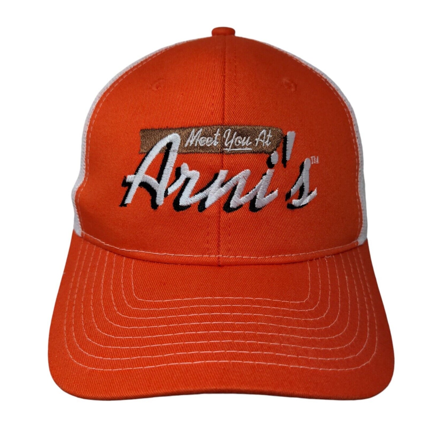 Meet You at Arni's Snapback Trucker Hat Orange One Size Mesh Back Port Authority