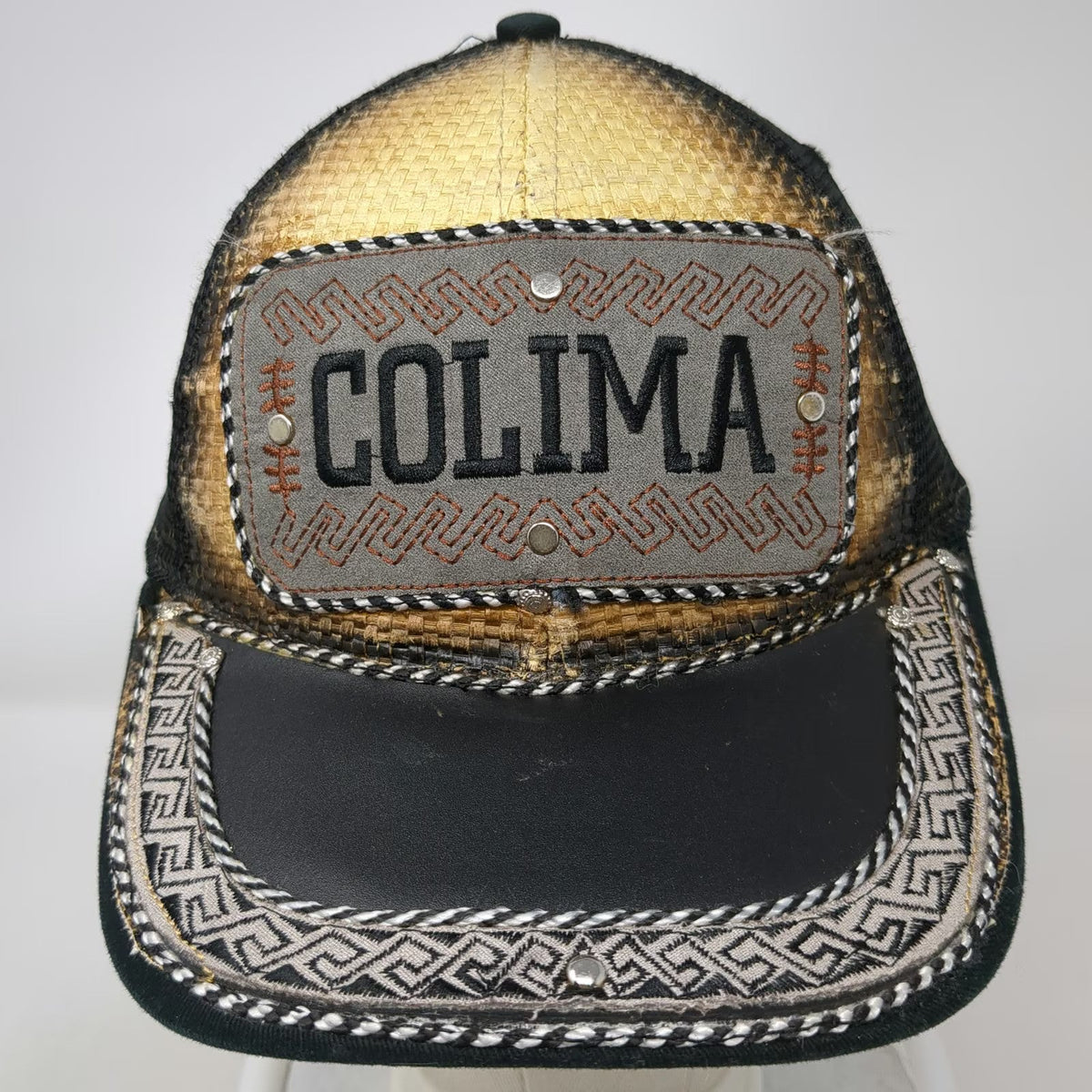 J&A Trucker Hat Black One Size Colima Mexico Patch Greek Key Studded Mesh Back