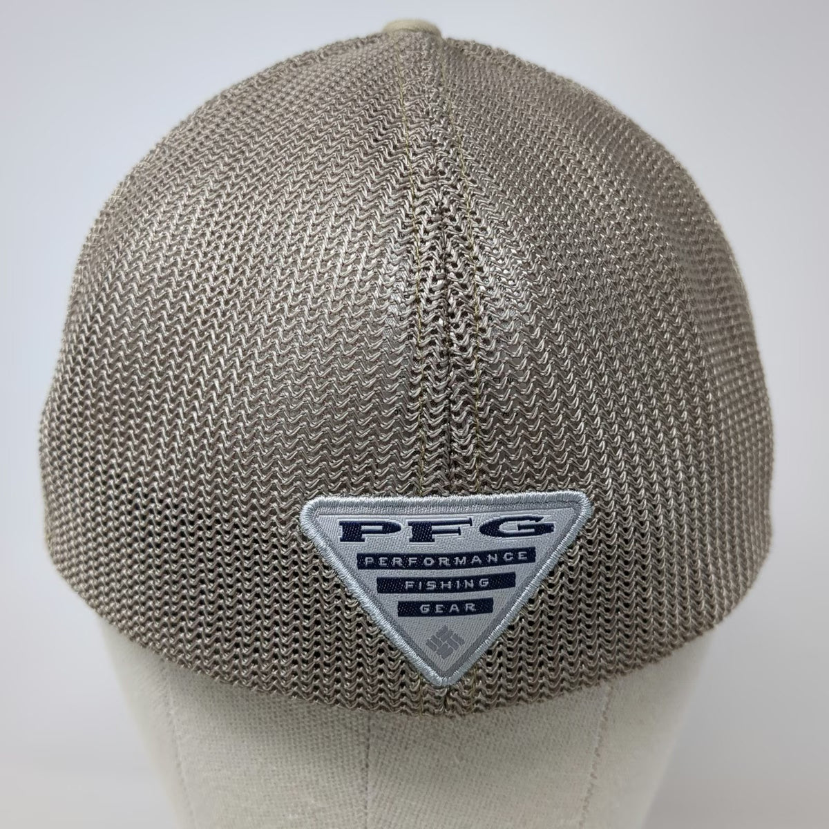 Columbia Baseball Cap Beige XL Mesh Back PFG Fish Flag Fishing Stretch Fit Hat