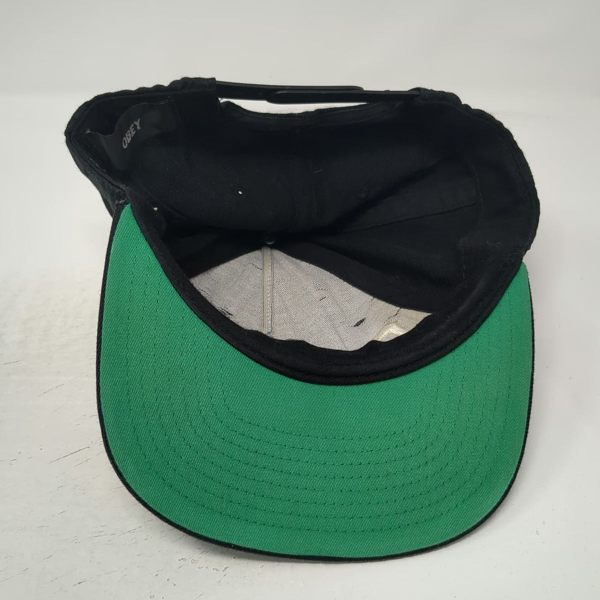 Obey 5 Panel Hat Black One Size Snapback Flat Brim Green Underbrim Wool Blend