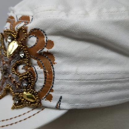 KBETHOS Army Cap White OSFM Beaded Cross Rhinestone Distressed Brown Gold Hat