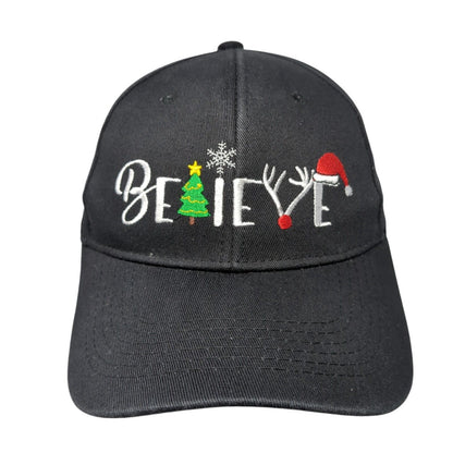 Believe Christmas Tree Holiday Slideback Hat Black OS Adjustable Embroidered