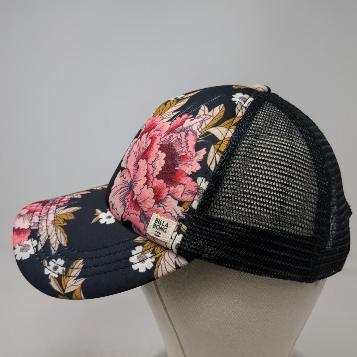 Billabong Trucker Hat Black Pink White Floral Mesh One Size Snapback Surf Hat
