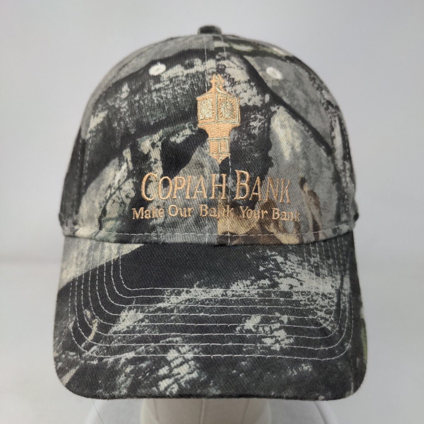 Copiah Bank Make Our Bank Your Bank Strapback Hat Camouflage One Size 6 Panel