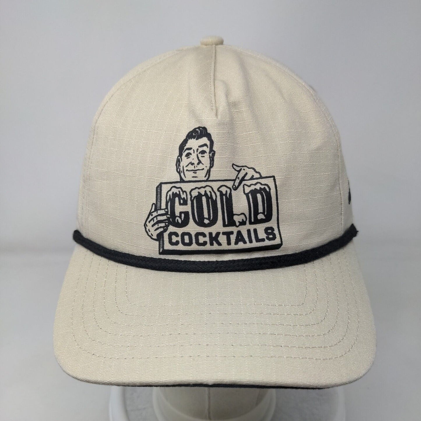 Cold Cocktails Snaoback Hat Tan One Size Adjustable Rope Vented Holes Cotton