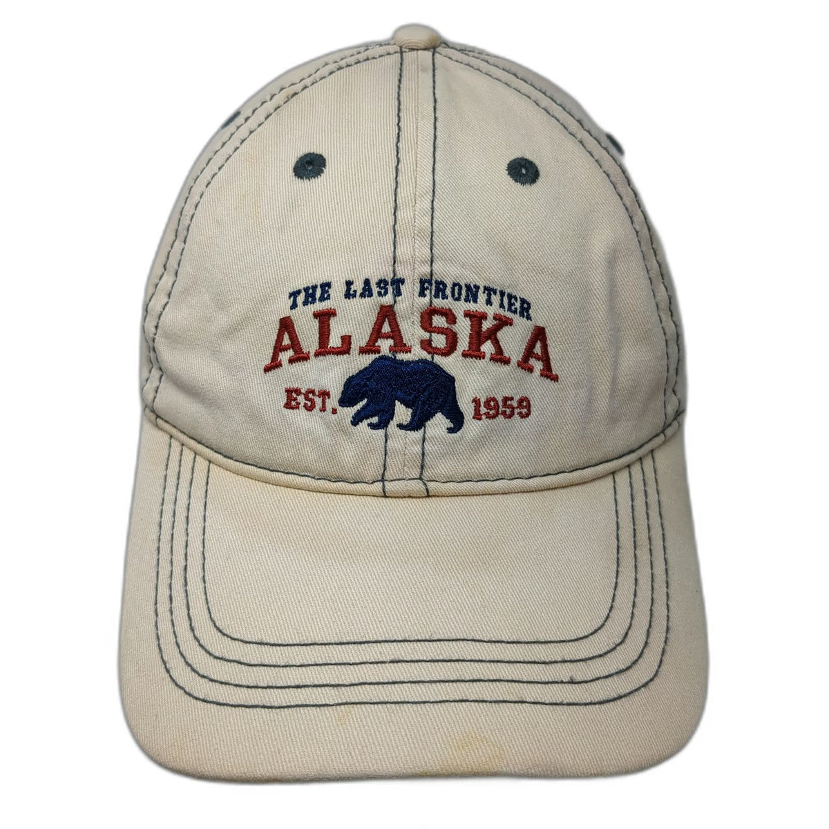 Mountain Baseball Cap Beige OSFM Alaska Bear Last Frontier Slideback Hat Blue