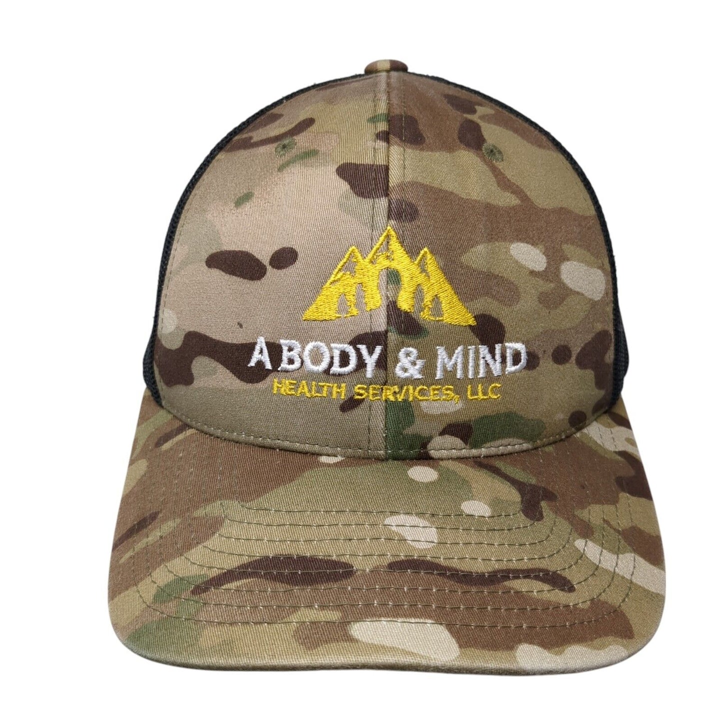 A Body & Mind Health Services LLC Snapback Trucker Hat Camo OS Mesh Back Yupoong