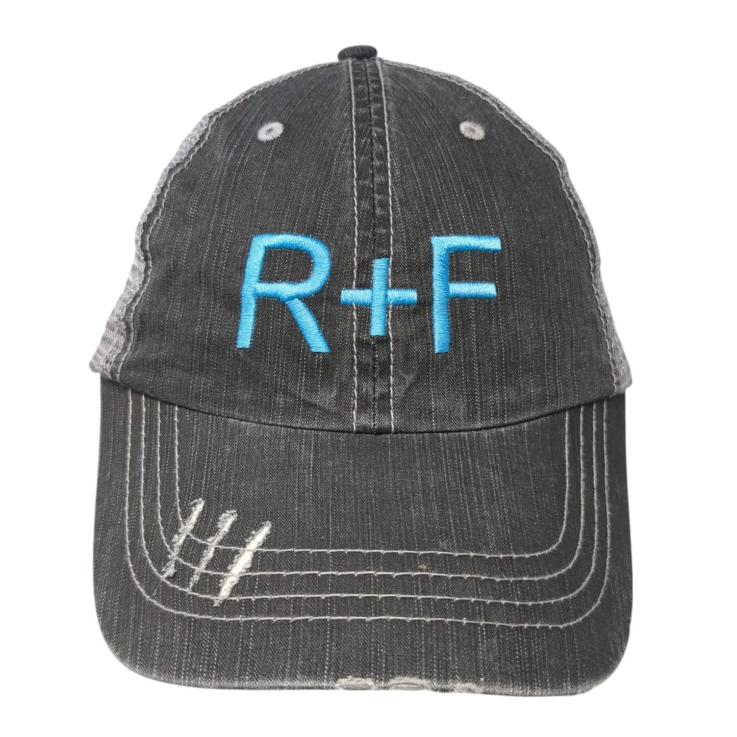 R+F Trucker Hat Gray One Size Adjustable Embroidered Distressed Mesh Back