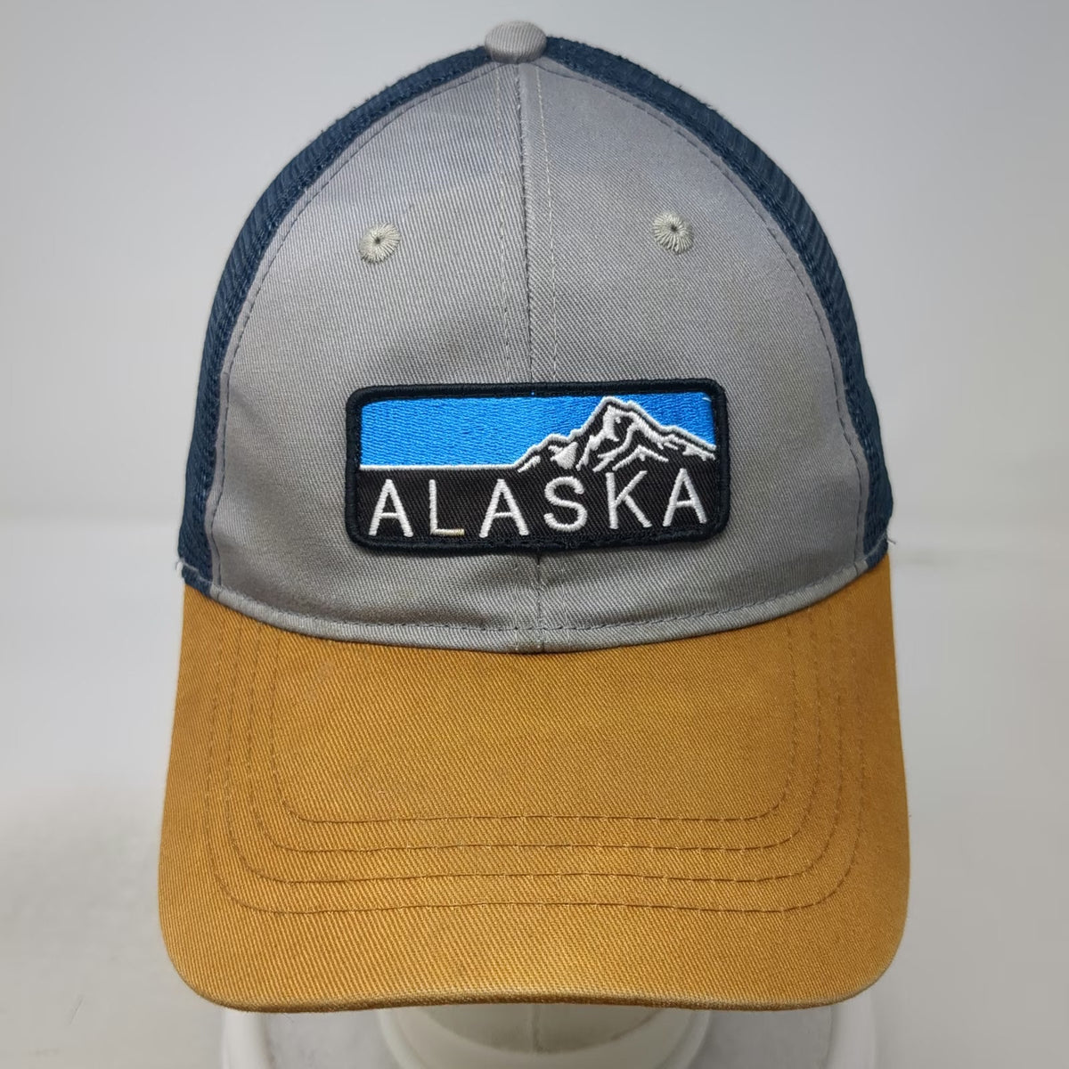 Ace USA Trucker Hat Gray Blue Gold One Size Alaska Mountain Patch Snapback