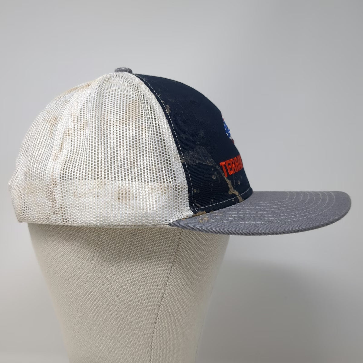 Port Authority Trucker Hat Blue OSFM Terrain Racing Ape USA Flag Mesh Snapback