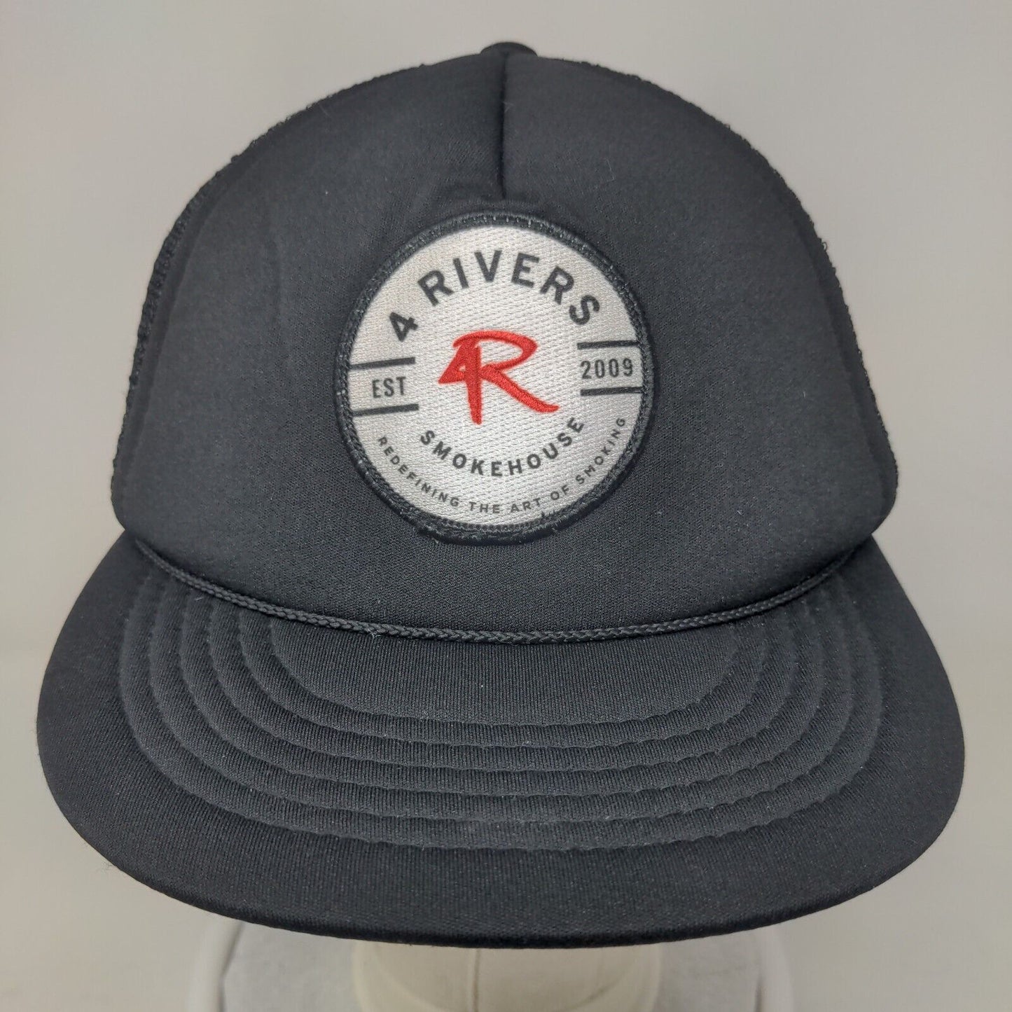 4 Rivers Smokehouse Est 2009 Snapback Trucker Hat Black One Size Mesh Back Rope