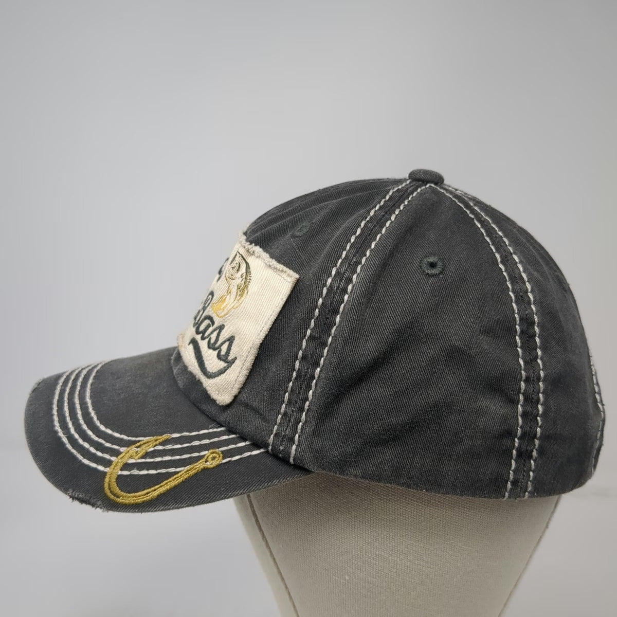 Cheeky's Kiss My Bass Baseball Cap Gray One Size Fish Hook Frayed Patch Hat
