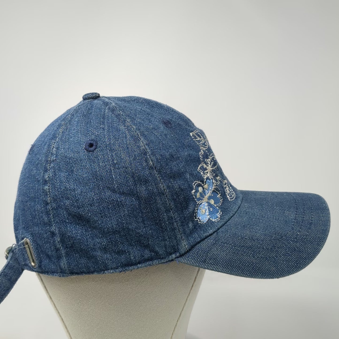 Blue Baseball Cap One Size Denim Floral Embroidered Flower Adjustable Strap Hat