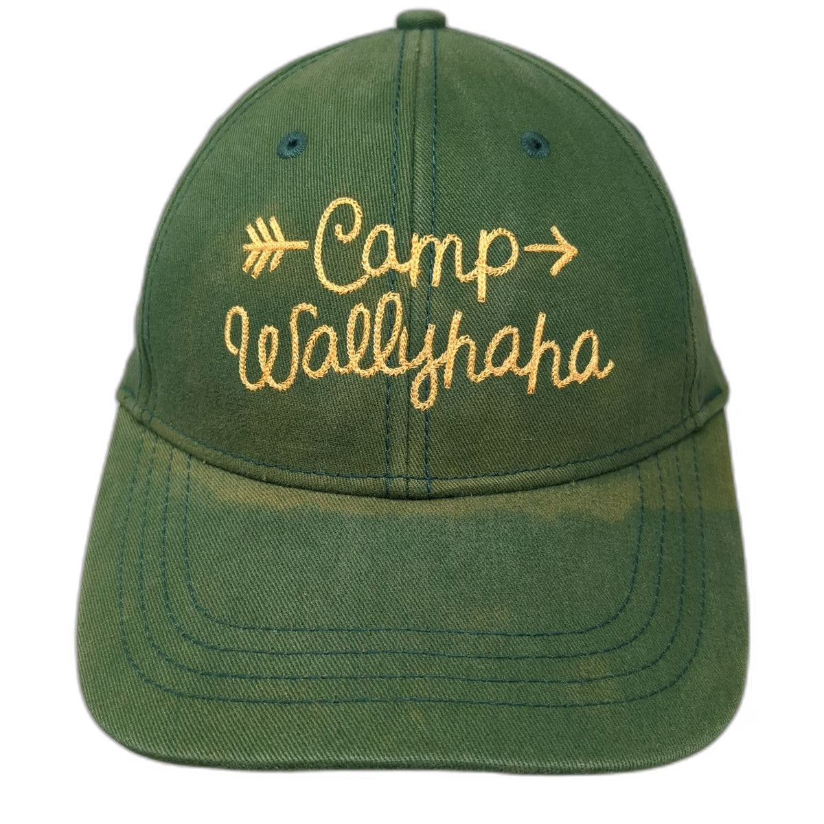 Wally's Camp Wallyhaha Hat Green One Size Baseball Cap Slideback Cotton Graphic