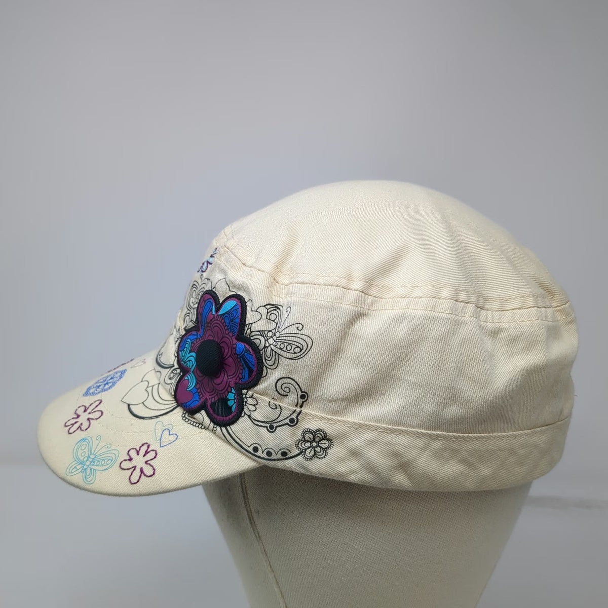 Stone Mountain Park Army Cap Beige OSFM Strapback Floral Butterfly Flower Hat