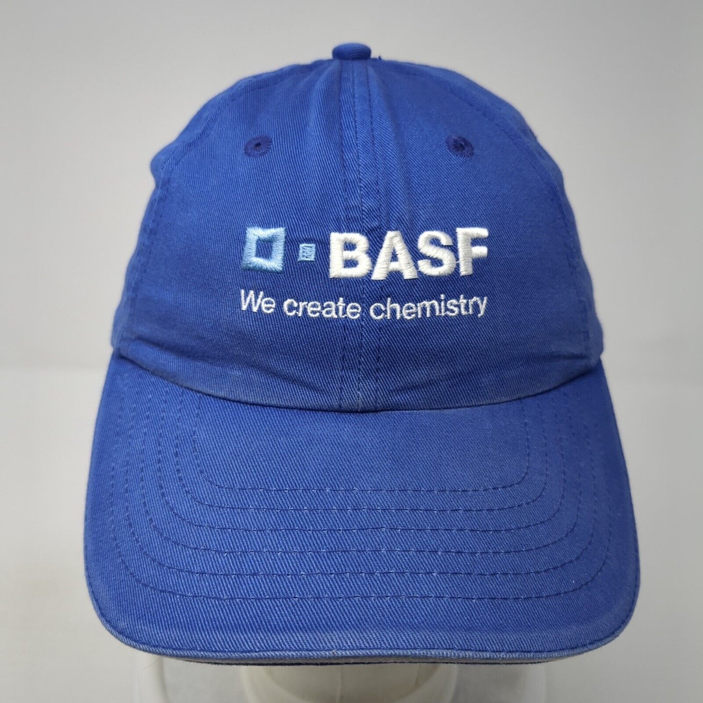 O-BASF We Create Chemistry Slideback Hat Blue One Size Adjustable Embroidered