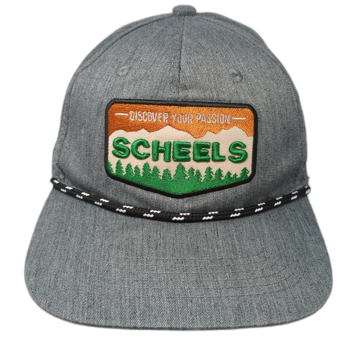 Scheels Snapback Gray One Size Hat Rope Detail Green Undervisor Mountain Patch