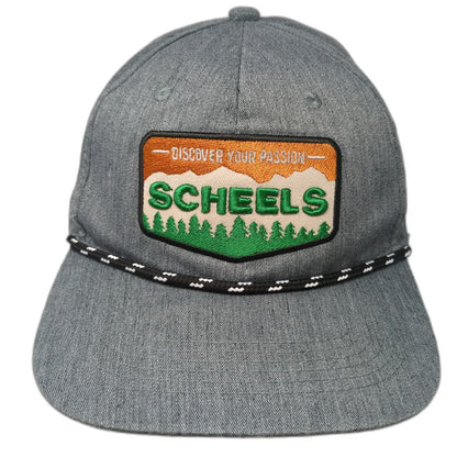 Scheels Snapback Gray One Size Hat Rope Detail Green Undervisor Mountain Patch