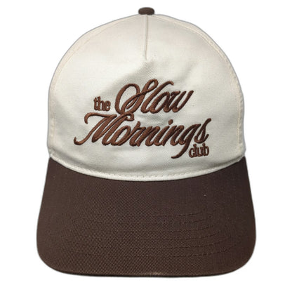 5 Panel Beige Brown One Size Slow Mornings Club Hat Snapback Script Embroidery