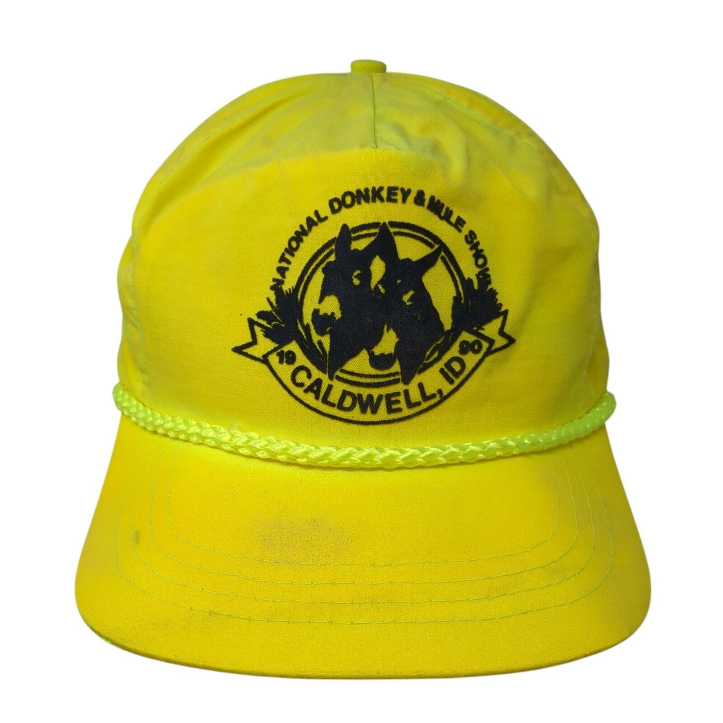 National Donkey & Mule Show Caldwell ID 1990 Slideback Hat Yellow One Size Rope