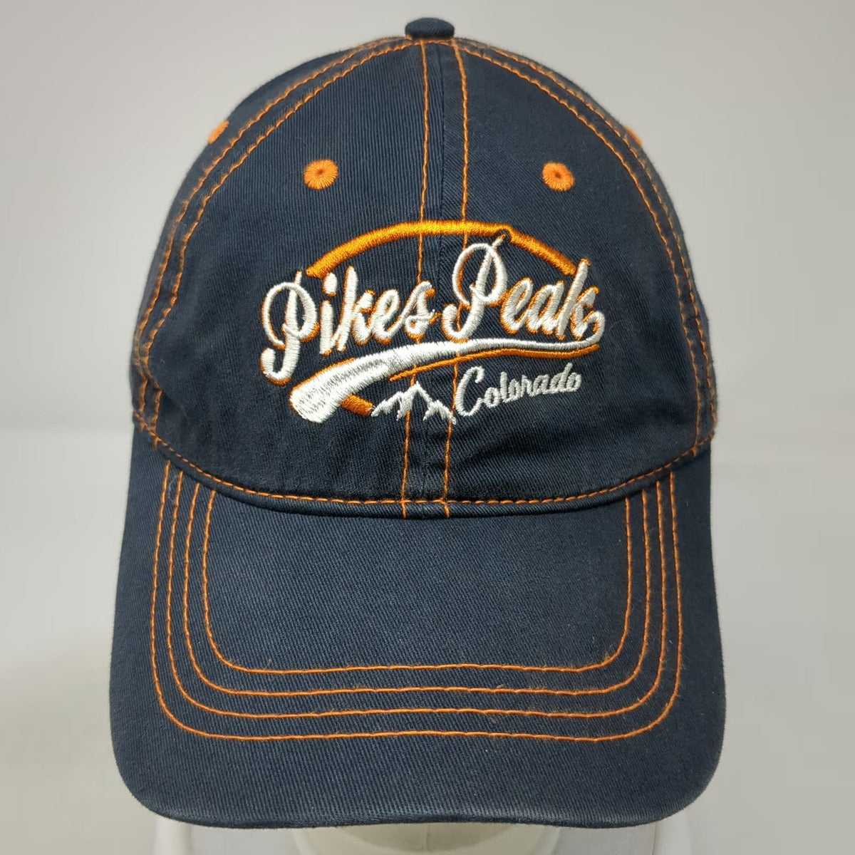 Mountain Baseball Cap Blue OSFM Pikes Peak Colorado Hat Orange Contrast Stitch