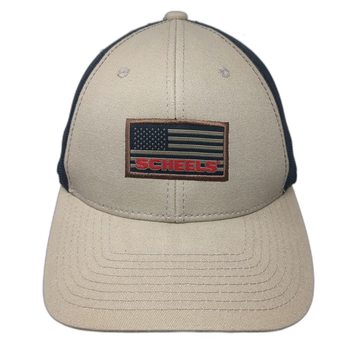 Scheels American Flag Trucker Hat Beige One Size Mesh Snapback Outdoor Sports