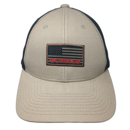Scheels American Flag Trucker Hat Beige One Size Mesh Snapback Outdoor Sports