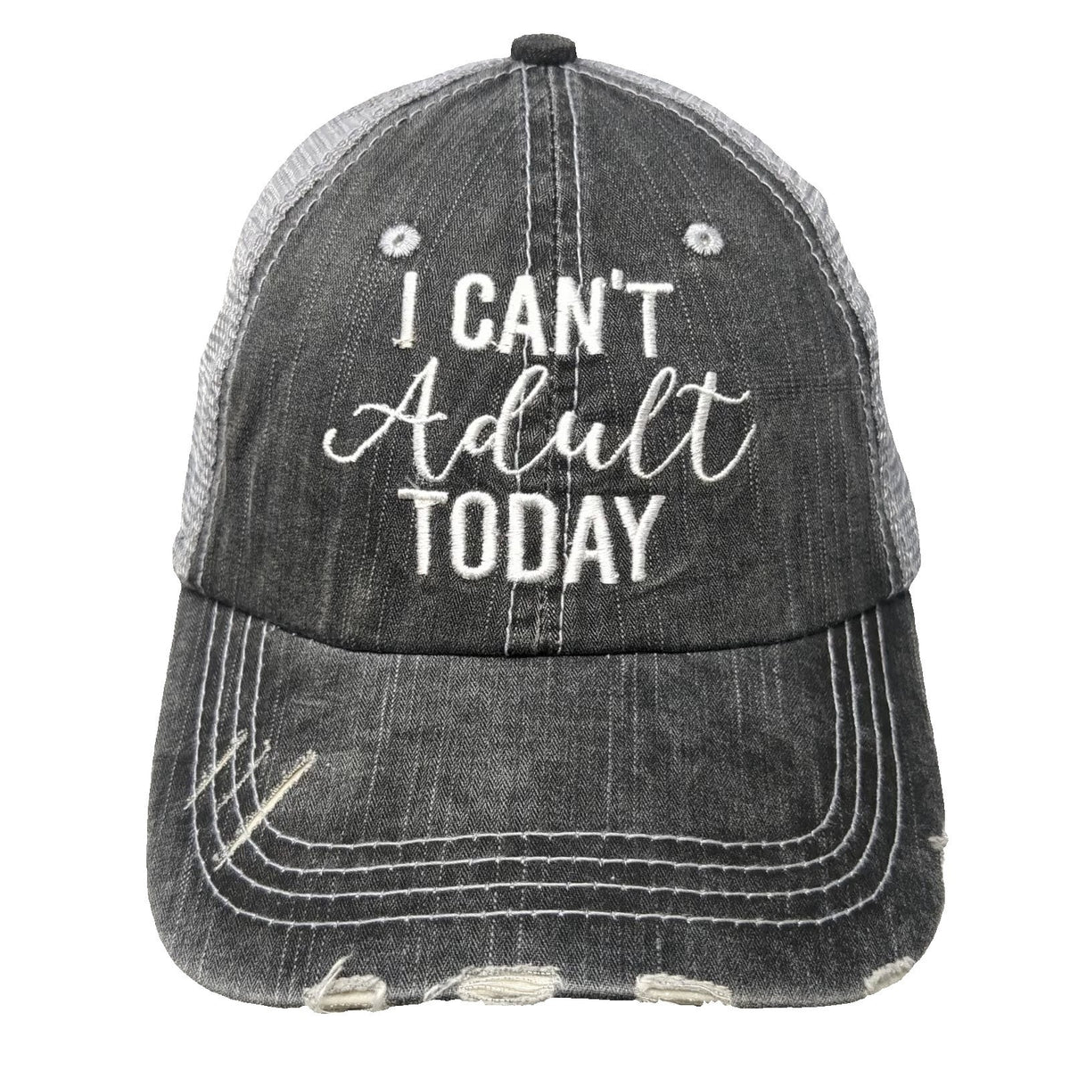Katydid Baseball Cap Gray One Size I Can't Adult Today Distressed Mesh Hat
