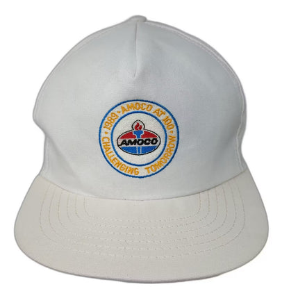 Amoco at 100 Challenging Tomorrow 1989 Trucker Snapback Hat White Yellow Vintage