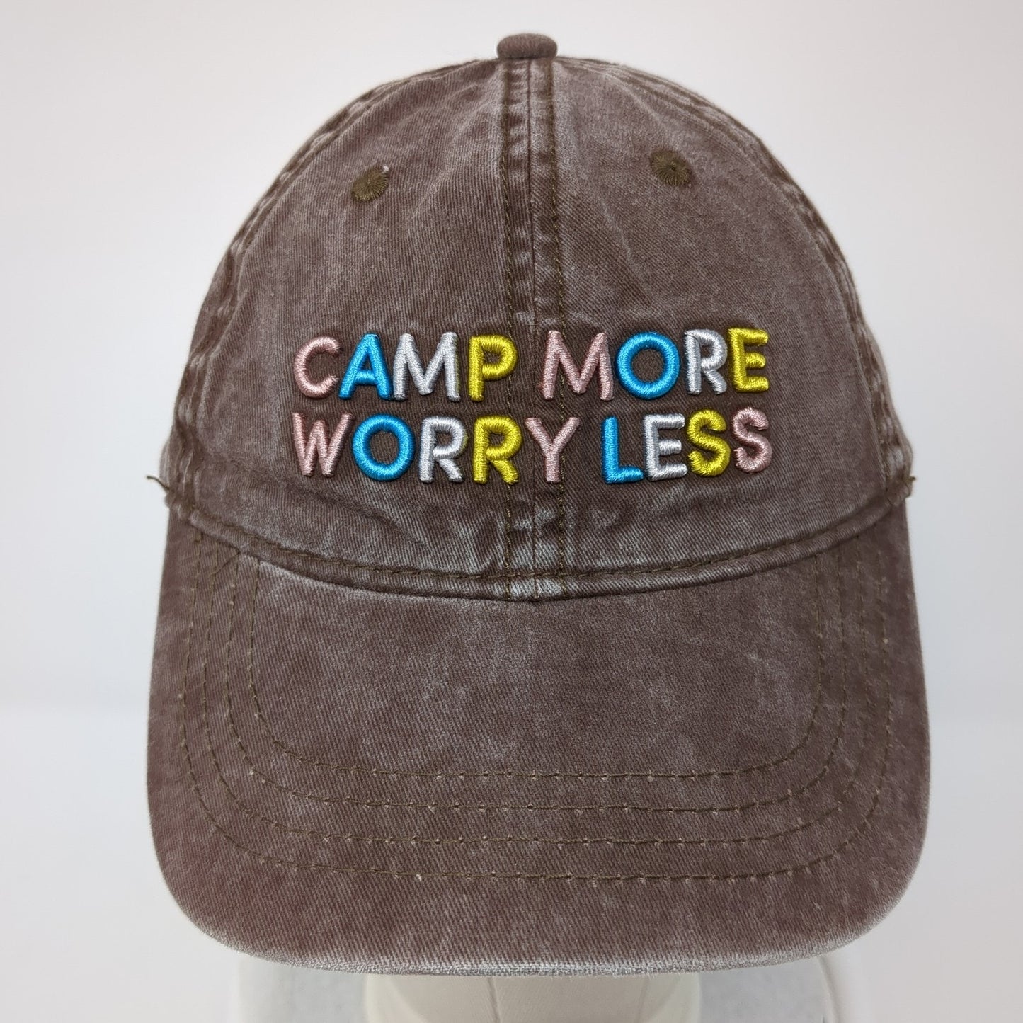 Camp More Worry Less Slideback Hat Brown One Size Solid Embroidered